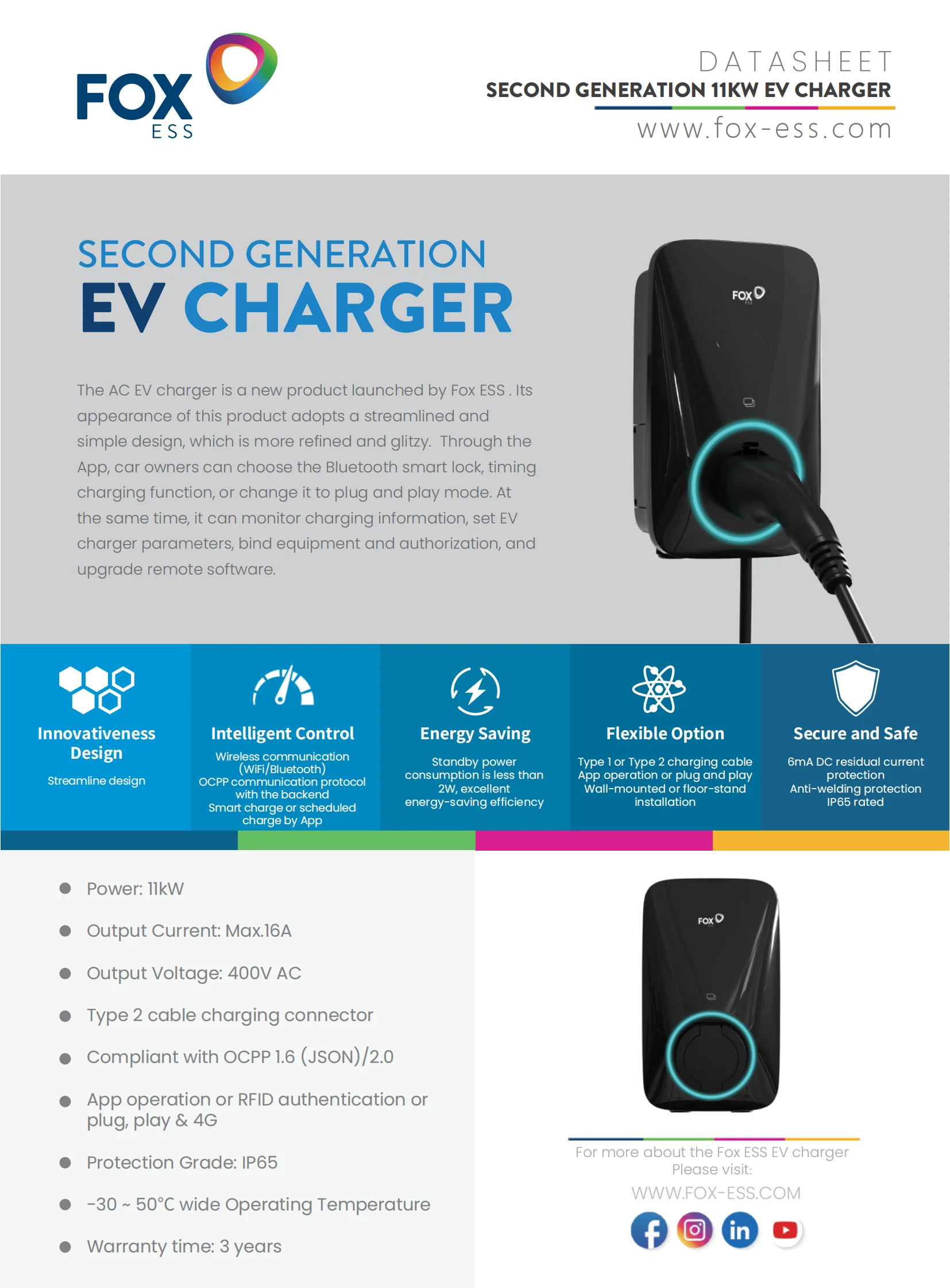 FOX ESS A011KP1-E-2-W EV charger type 2 11kw 16A 400V AC DC IP65 ev car charger electric vehicle charging station - immagine 4