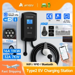 AFYEEV 11KW Type2 IEC62196-2 16A/32A EV Charging Station 7KW Electric Car Wallbox Charger Wi-Fi APP Remote Control CEE Plug