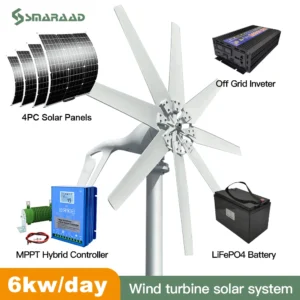 6KW Per Day Domestic Horizontal Axis Wind Turbine Generator Clean Free Energy 8 Blades 220V 12V 24V 48V with Solar Cell System