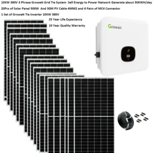 Kit di pannello solare completo per casa 10000 W 5000W 380V 3 frase220V sul sistema a griglia Growatt Grid Tie Inverter 2 MPPT PV PV 500W